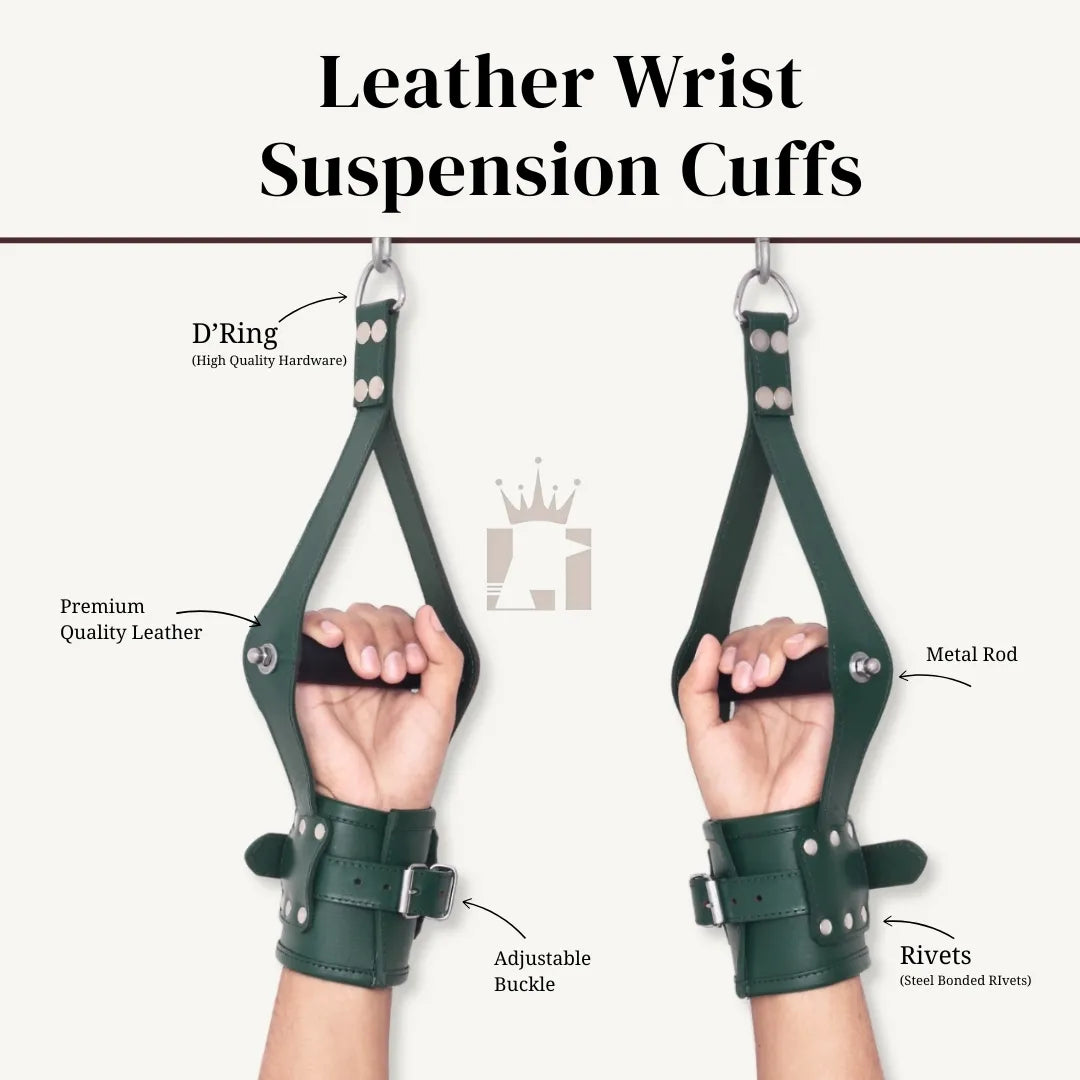 Green leather wrist suspension cuffs with black rod shown in feature breakdown with D-ring, rivets, and adjustable buckles.