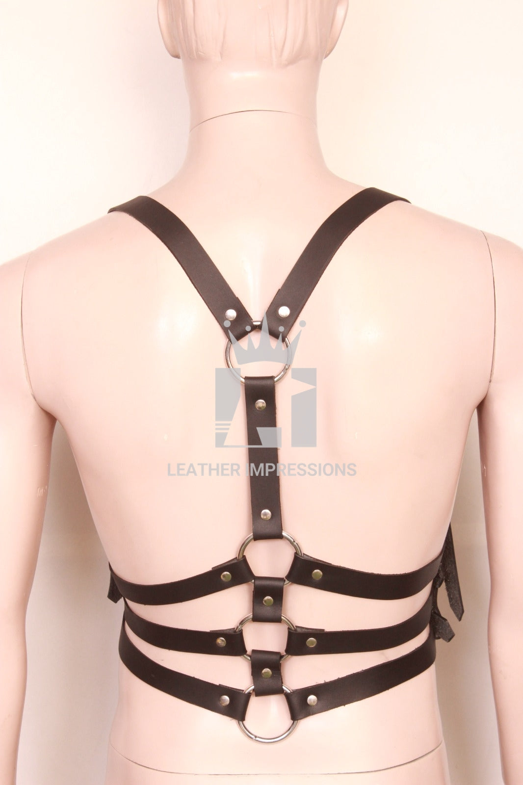 Backside view image of model wearing Leather Belt Harness