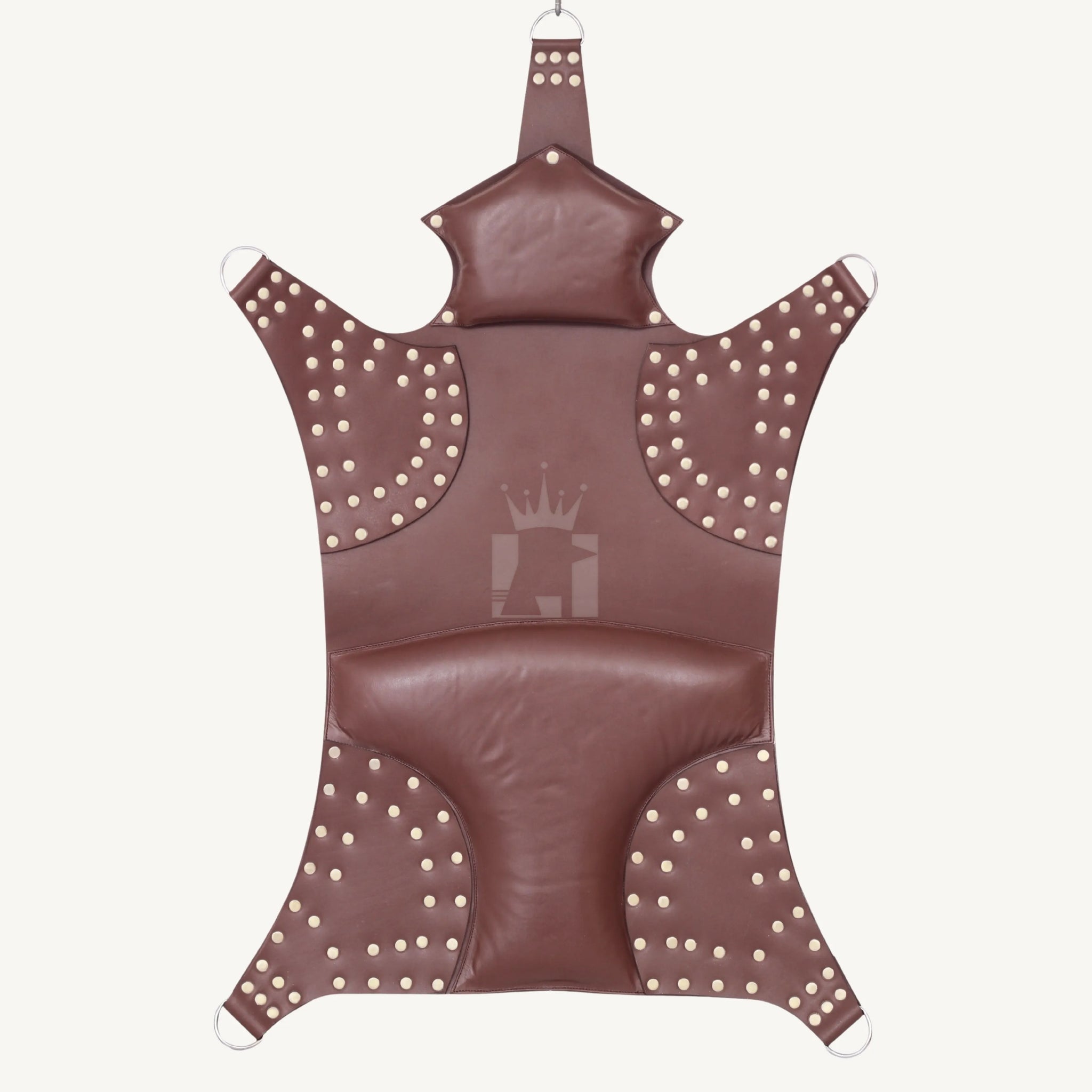 Flat view of brown padded leather sex sling showing reinforced rivets, padded sections, and steel hardware.