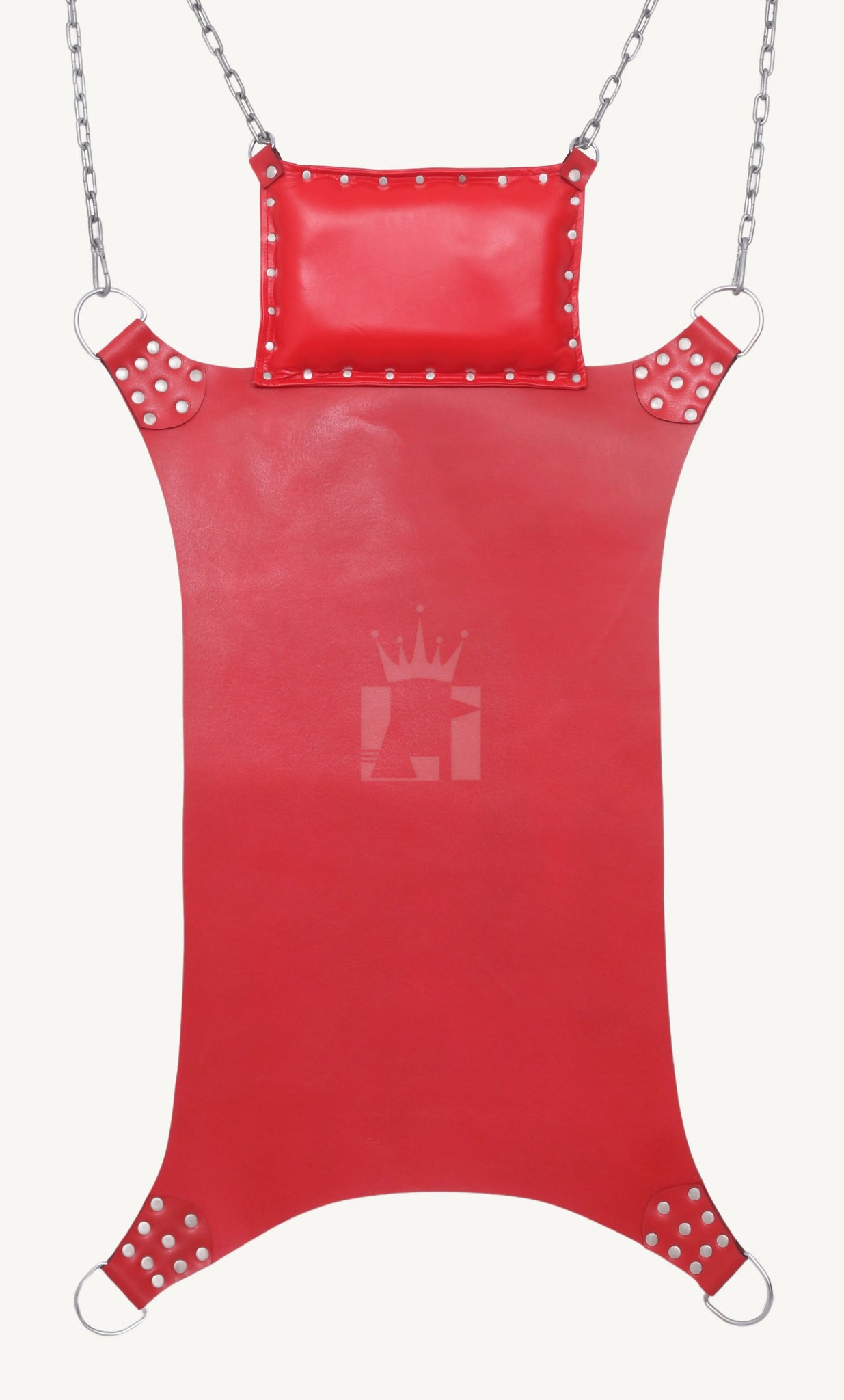 Full frontal view of red leather sling with riveted pillow and corner D-rings attached to chains.