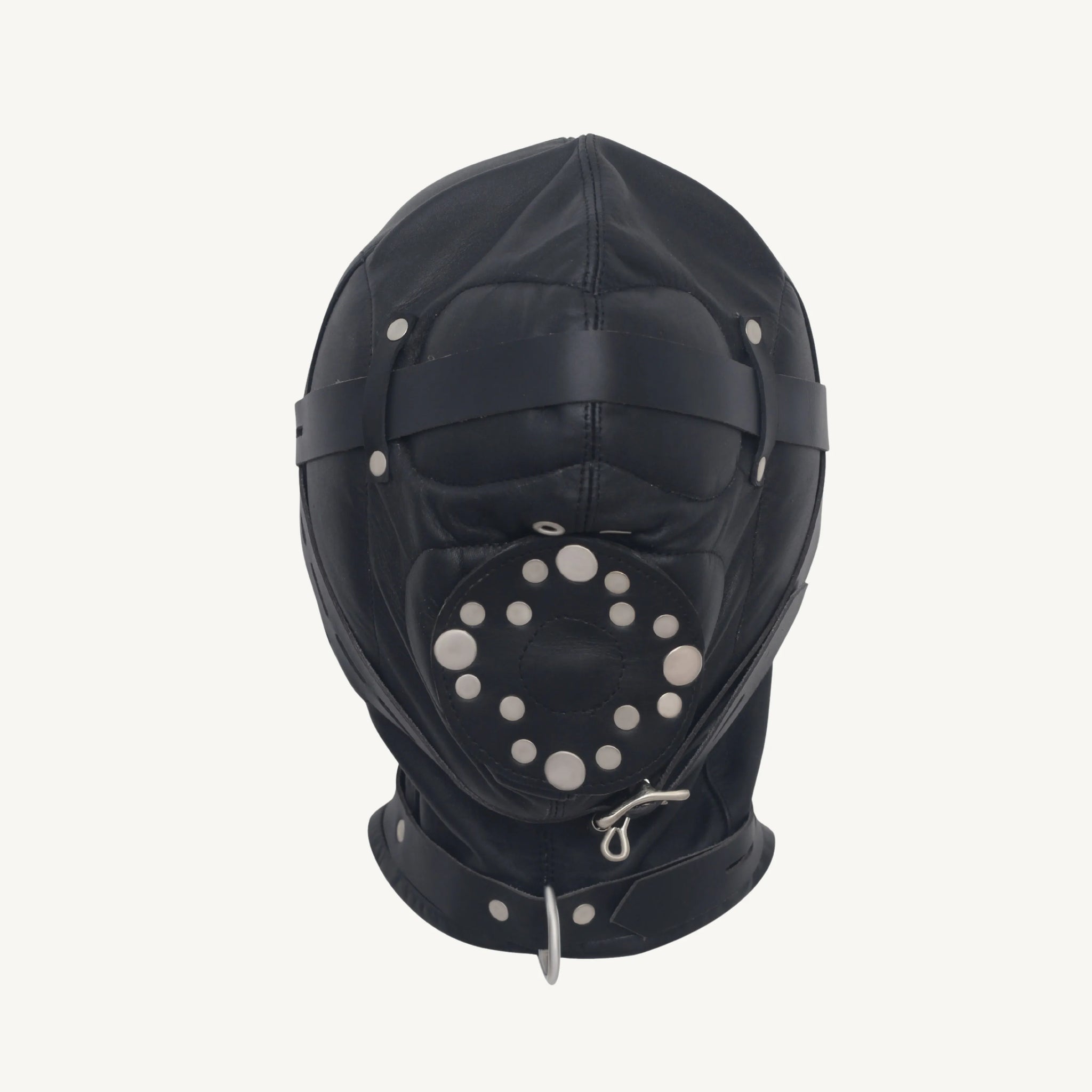Front view of black leather bondage hood featuring a riveted circular mouth cover, eye strap, and D-ring collar.