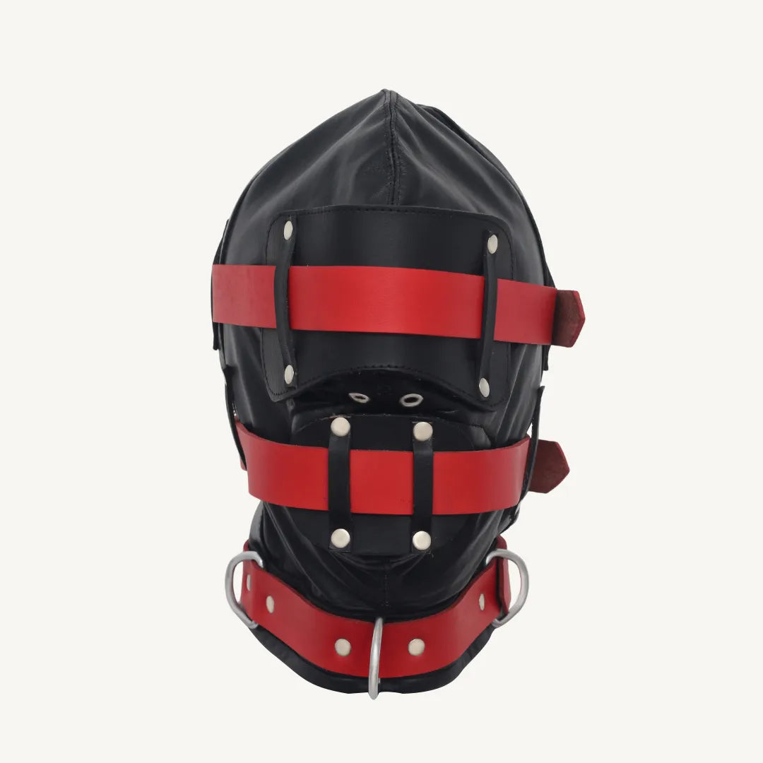 Front view of black leather bondage hood with bold red straps across the eyes, mouth, and neck secured with rivets.