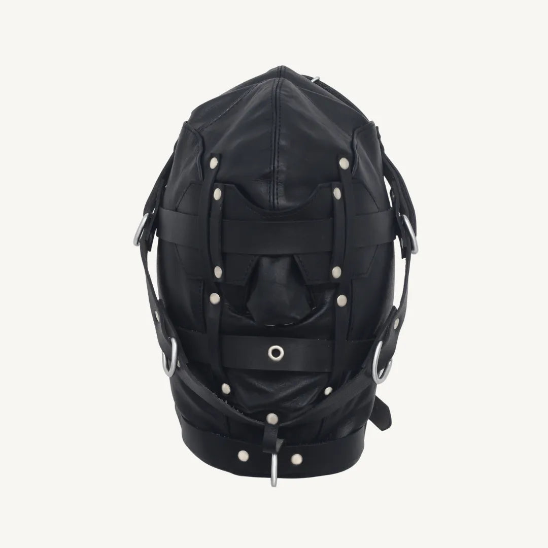 Front view of black leather bondage hood with straps, rivets, and central breathing hole.