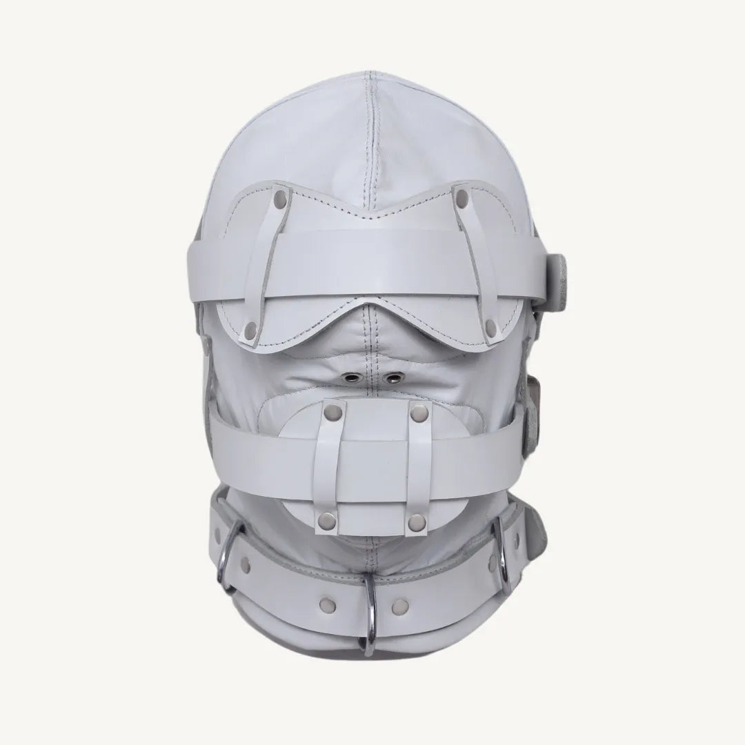 Front view of white leather bondage hood with straps covering eyes and mouth, secured with rivets and buckles.