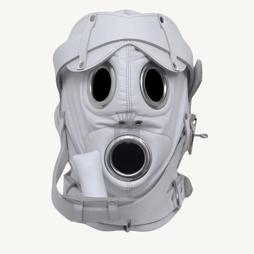 Front-facing white bondage hood with circular eye openings and large mouth grommet ring.
