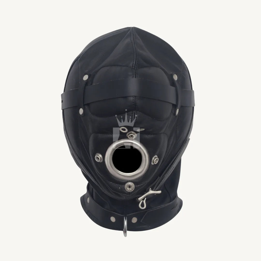 Black leather bondage hood with large open metal-rimmed mouth grommet and adjustable eye strap.