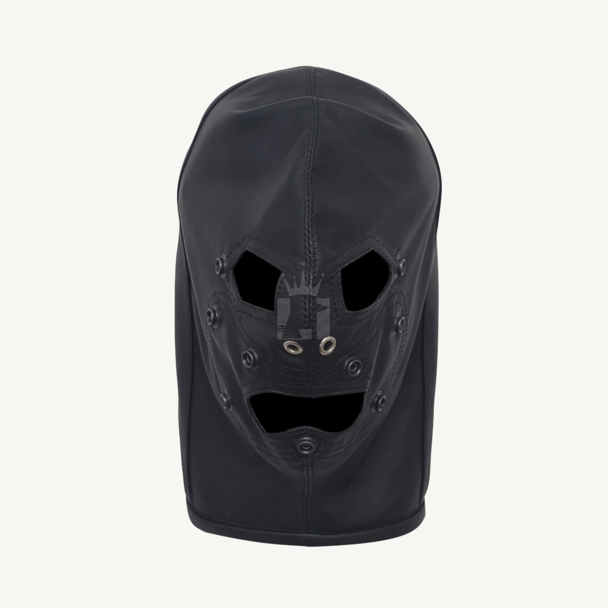 Front view of black leather bondage hood featuring cut-out eye holes, mouth opening, and metal eyelets.