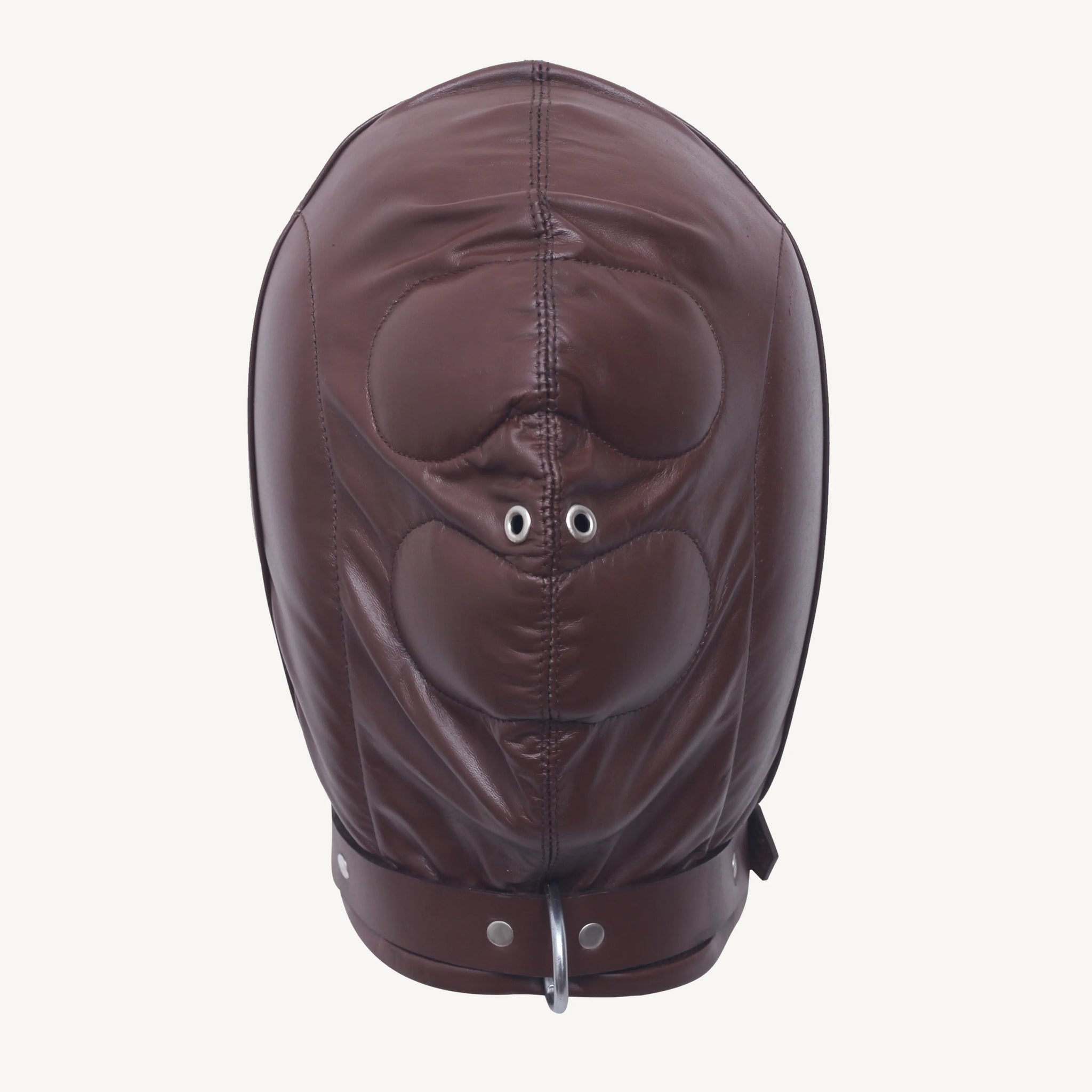 Front view of a brown leather hood featuring padded leather sections and two small eyelets for breathing.