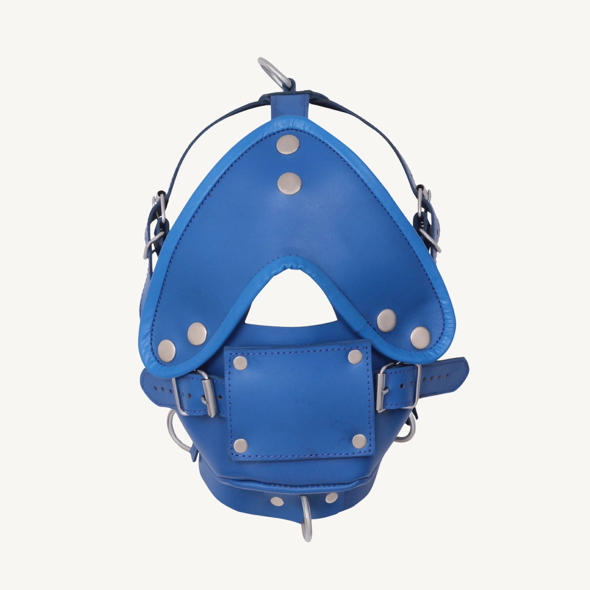 Front view of a blue leather bondage muzzle showing adjustable straps and secure rivets.