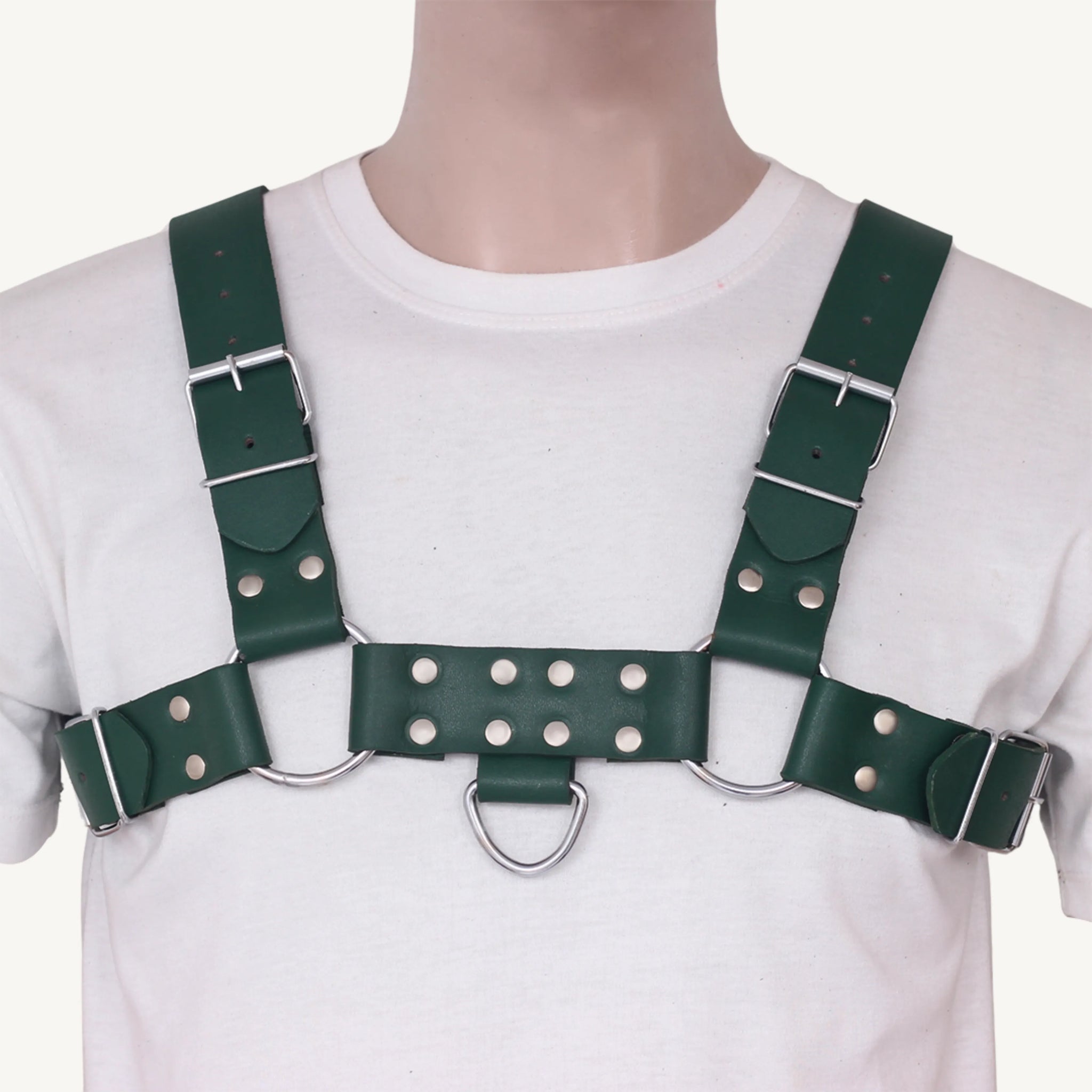 Front view of leather chest harness featuring silver O-rings and multiple rivets.