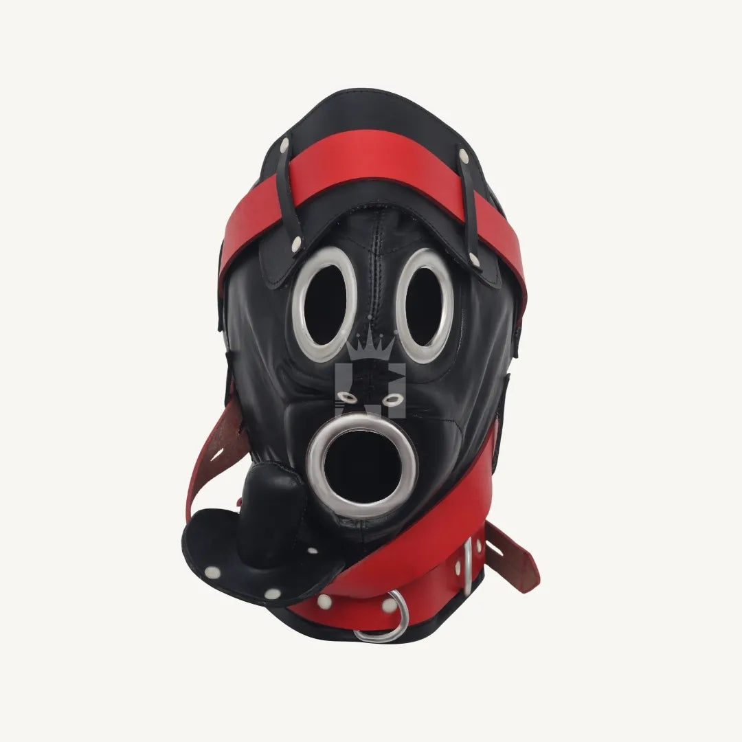 Black leather bondage hood with metal-rimmed eye and mouth openings, red straps, and D-ring hardware.