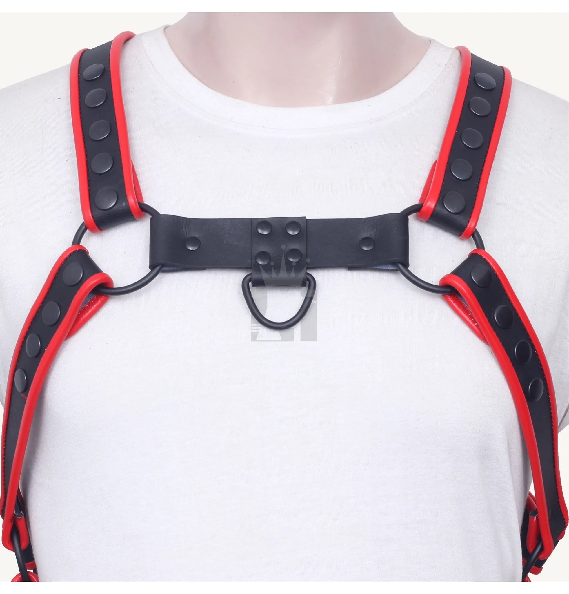 Model wearing a black leather chest harness with red trim, featuring O-rings and a central D-ring accent.