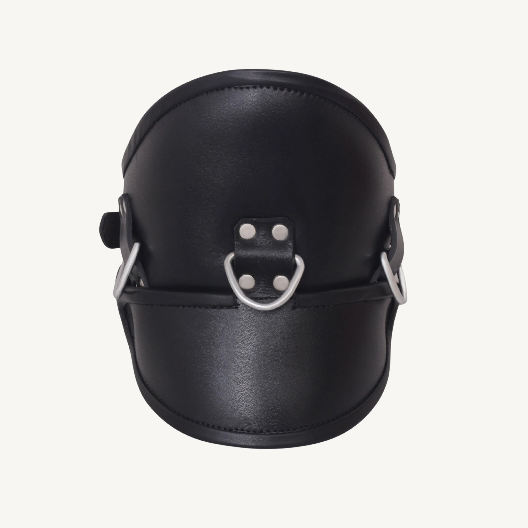 Front view of black leather bondage neck collar with D-rings and riveted design.