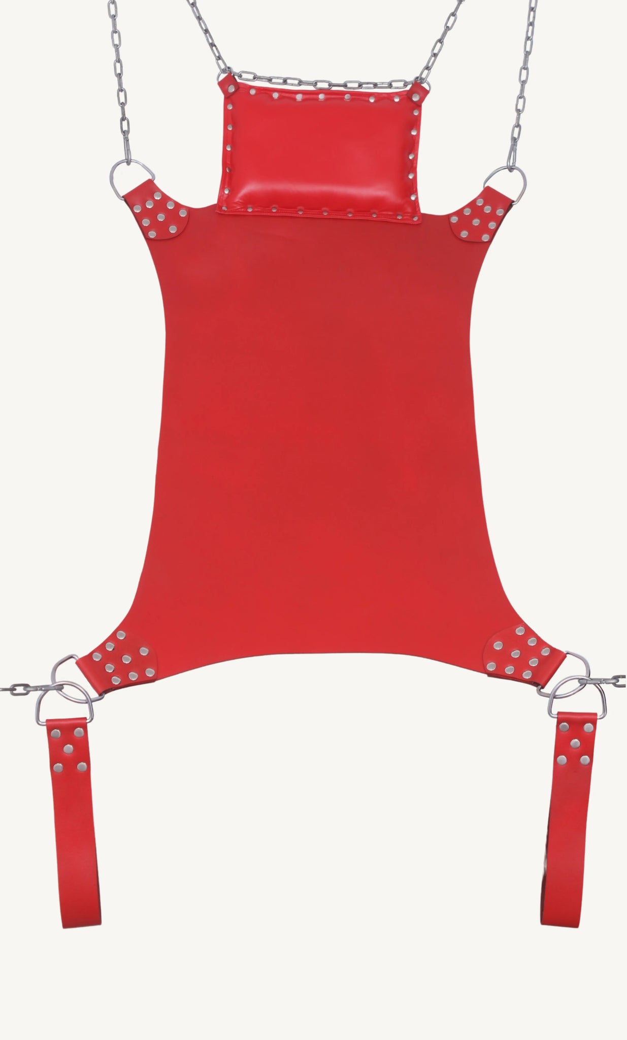 Front angle view of red leather sex swing with chains on a white background