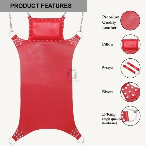 Front angle view of red leather sex swing with pillow, leg loops and reverts, d'rings in white background, infographic format  