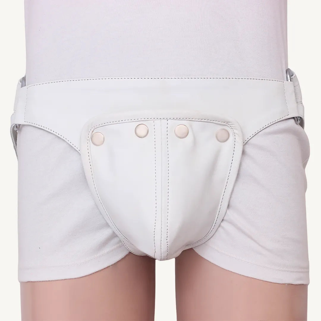 Model wearing a white leather Jockstrap with snap button front pouch and wide waistband.