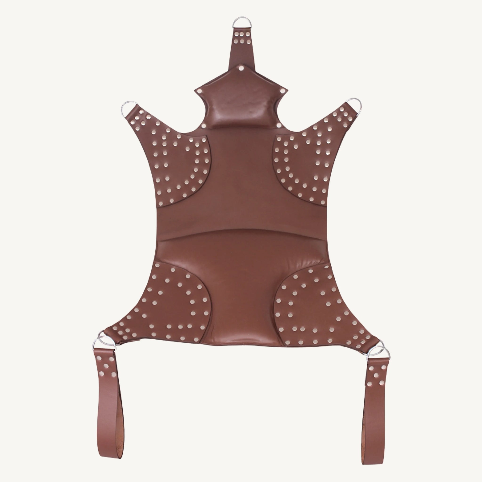 Full view of brown padded leather Sex sling with reinforced rivets, D-ring attachments, and detachable straps.