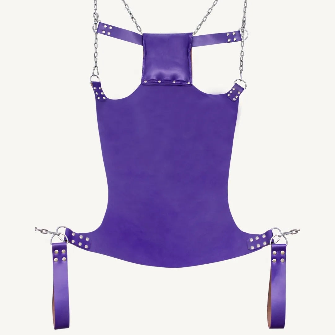 Full view of a purple genuine leather sex sling with steel chains, riveted straps, and pillow support.