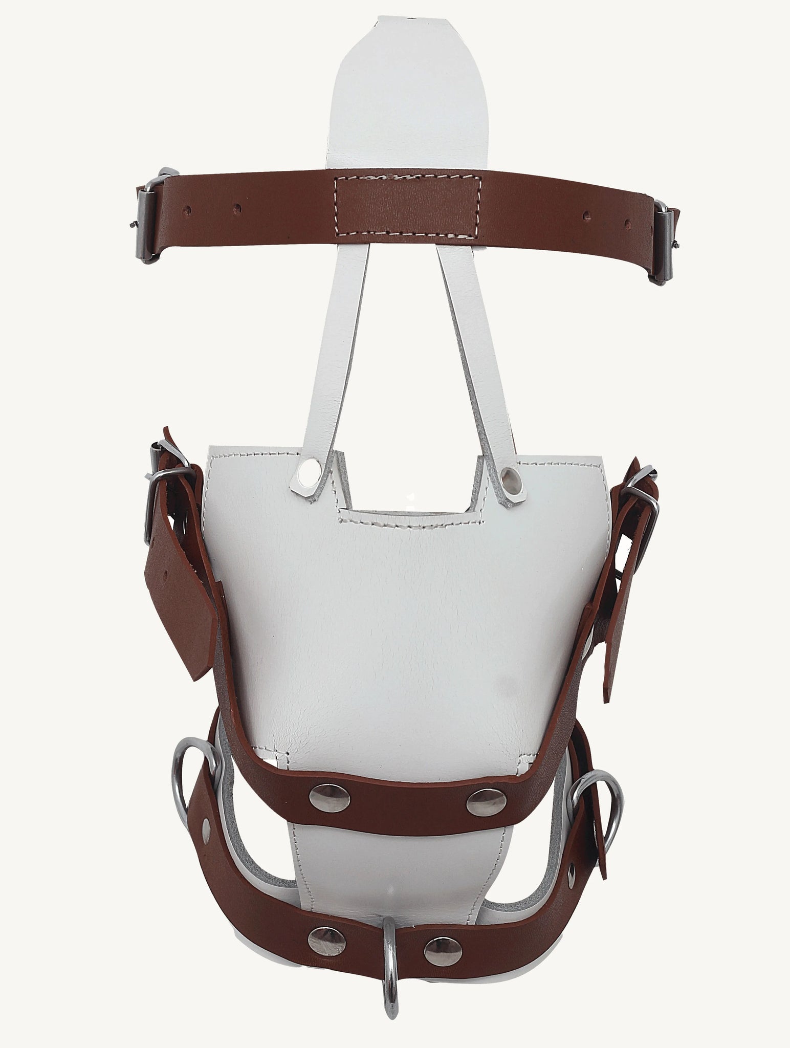  A front view of a Genuine Leather Bondage Muzzle made from white and brown leather. It features a central vertical white leather strip with three horizontal brown leather straps with buckles, and a metal D-ring at the top.