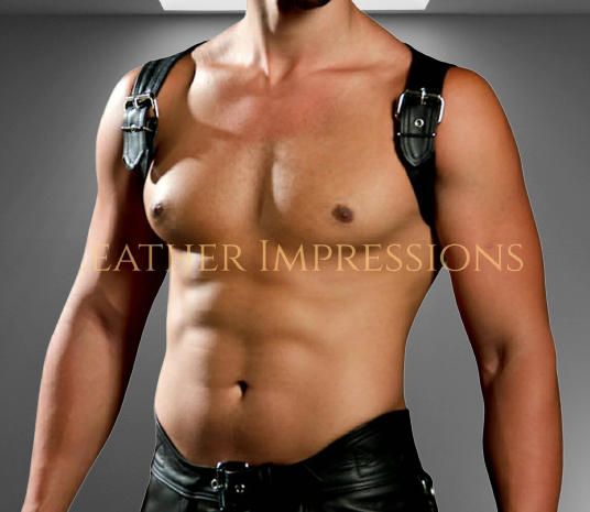 Model Wear a Men's Leather Shoulder Harness - Front image