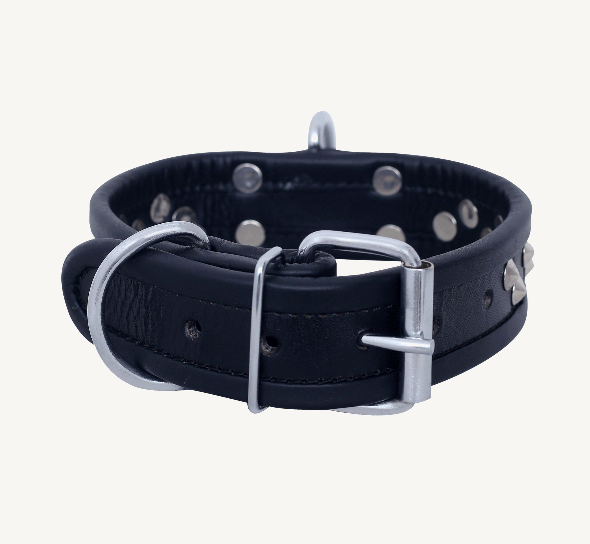 Front view angle of Genuine Leather Bondage Slave Collar with Cone Studs and nickel-plated revets on a white background