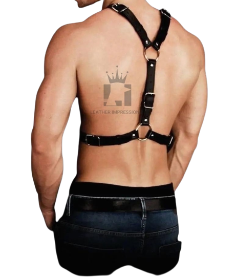 Backside view of model wearing Leather Chest Harness Men's