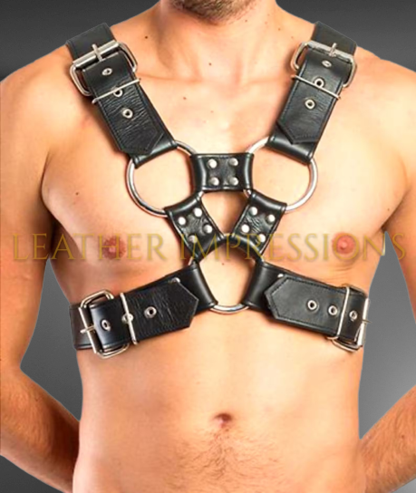 Front image of model wearing durable Gay Leather Chest Harness