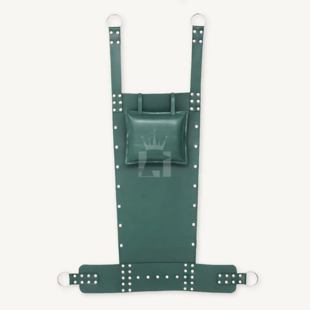 Front display of full-length green leather bondage sling with riveted straps and attached pillow.