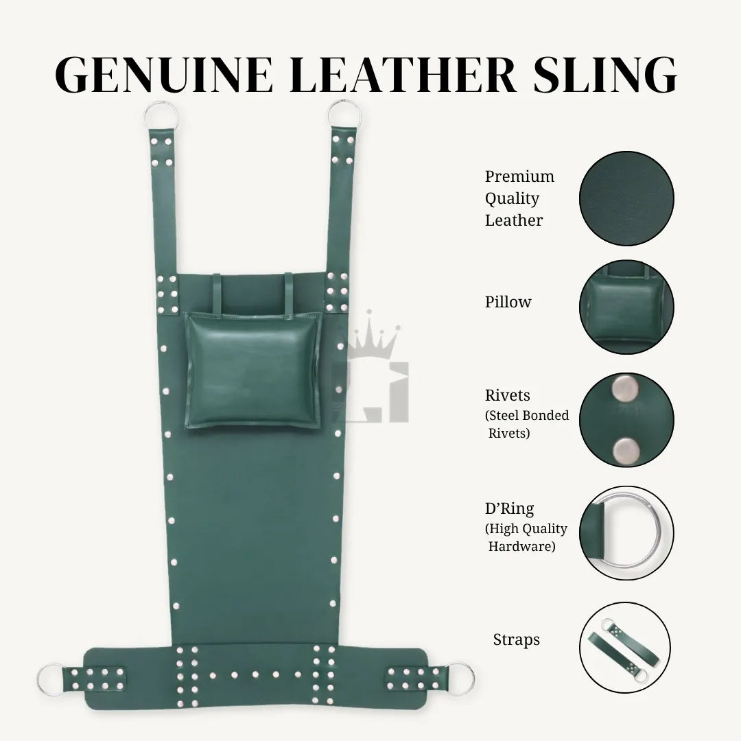Infographic of green leather bondage sling showing pillow, rivets, straps, and metal O-rings.