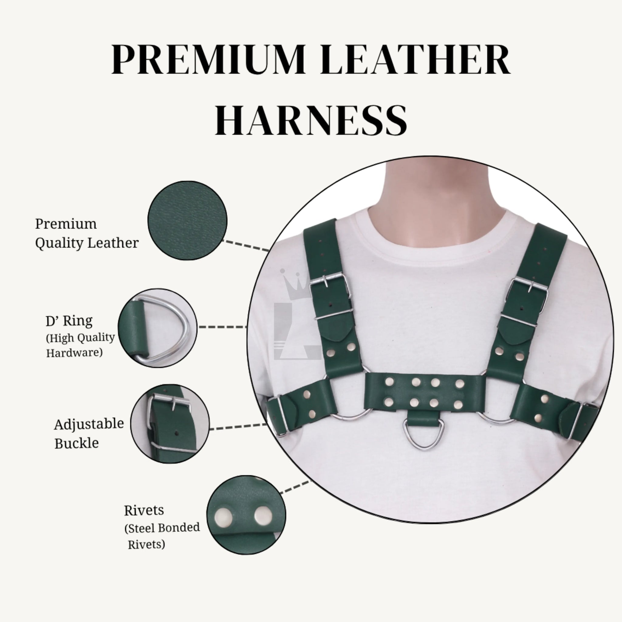 Infographic showing premium leather harness details including buckles, rivets, and O-rings.