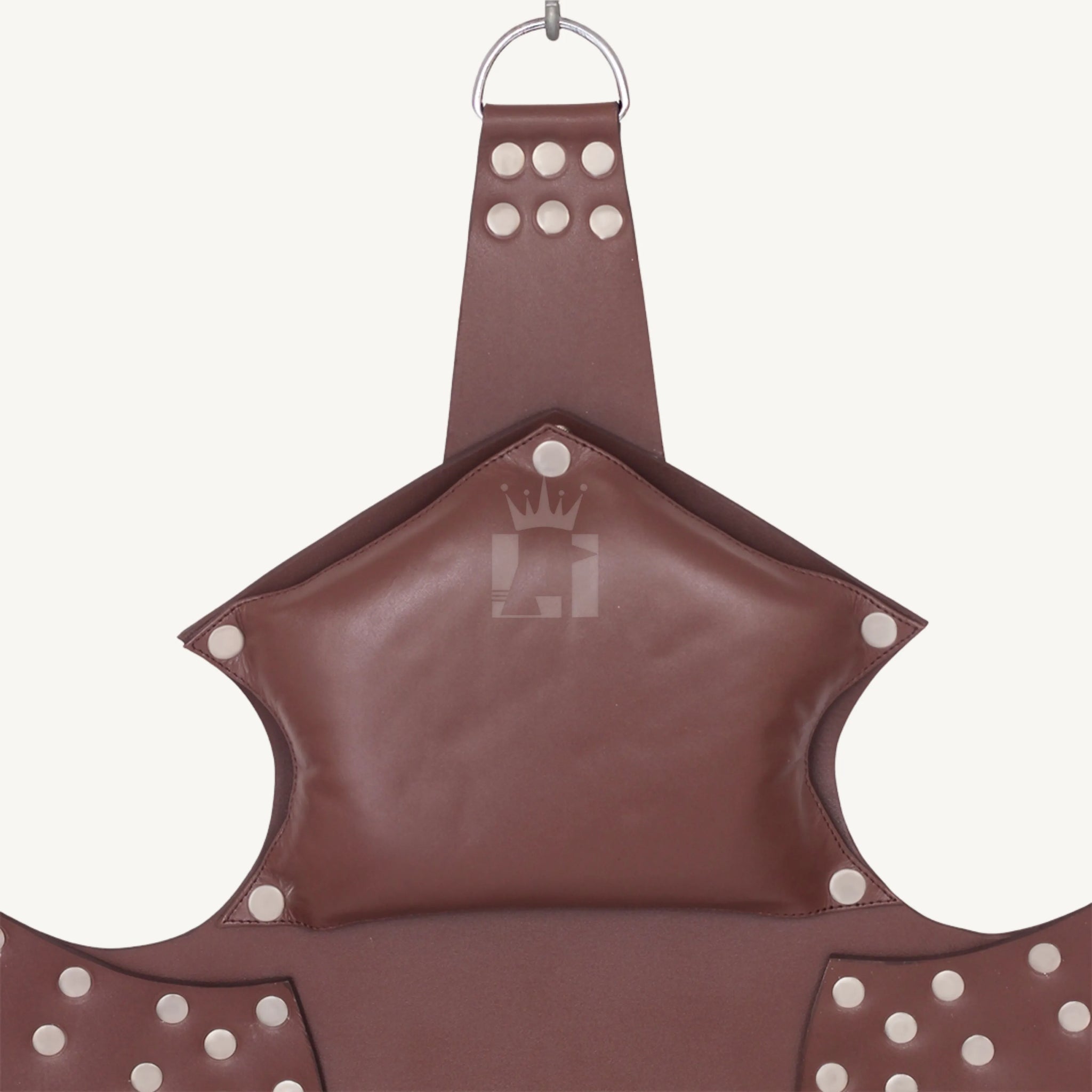 Top section of brown leather Sex sling with padded headrest, riveted strap, and steel D-ring attachment.