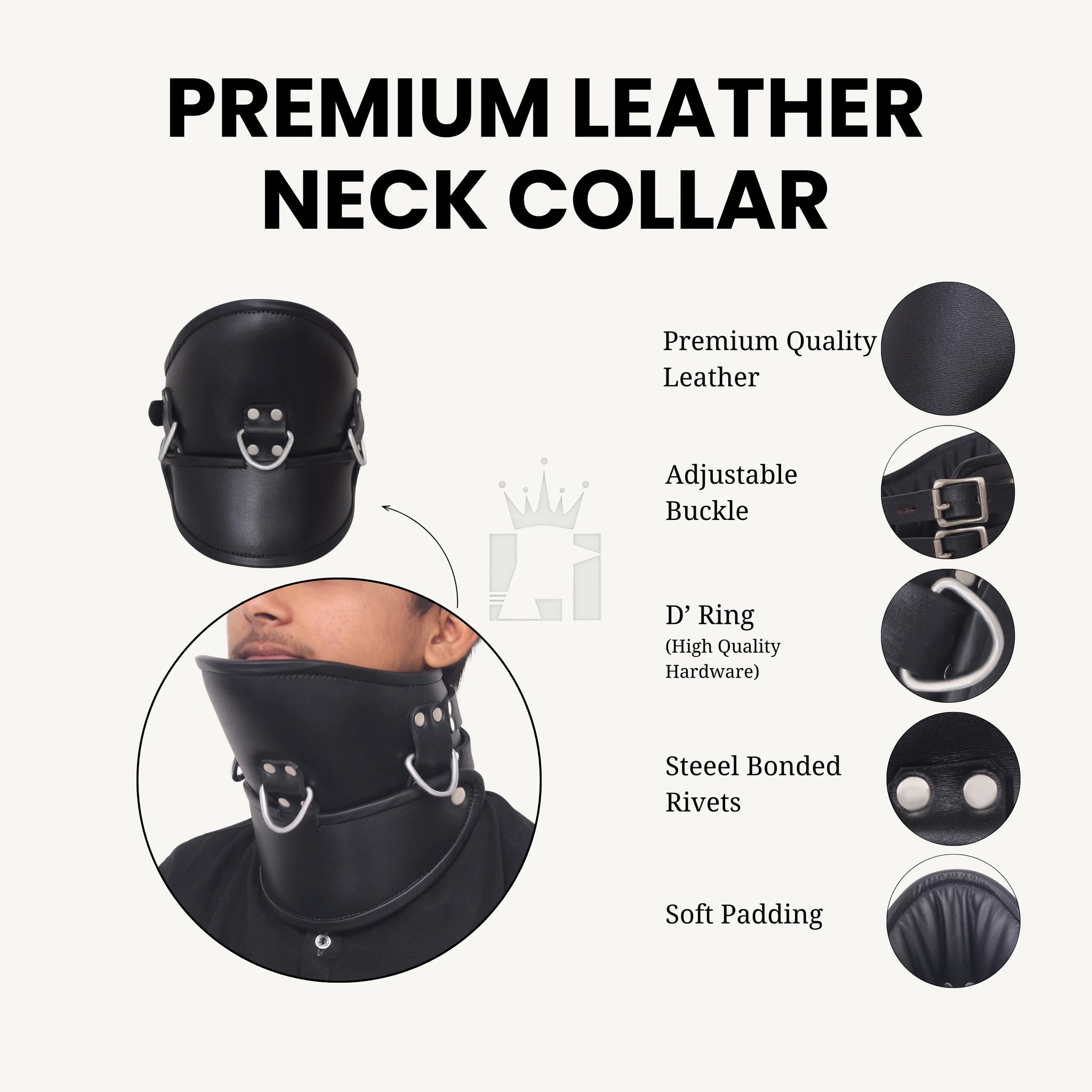 Infographic of premium black leather bondage collar highlighting soft padding, rivets, buckles, and D-rings.
