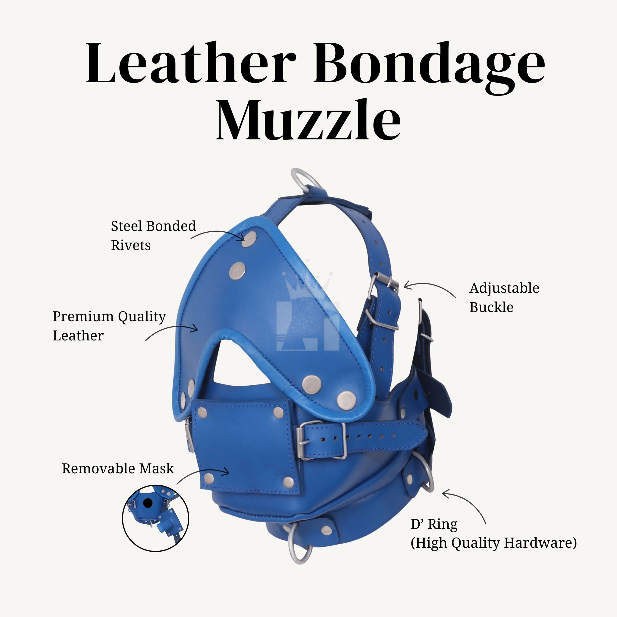 Infographic highlighting features of blue leather bondage muzzle including premium leather, rivets, D-rings, and removable mask.