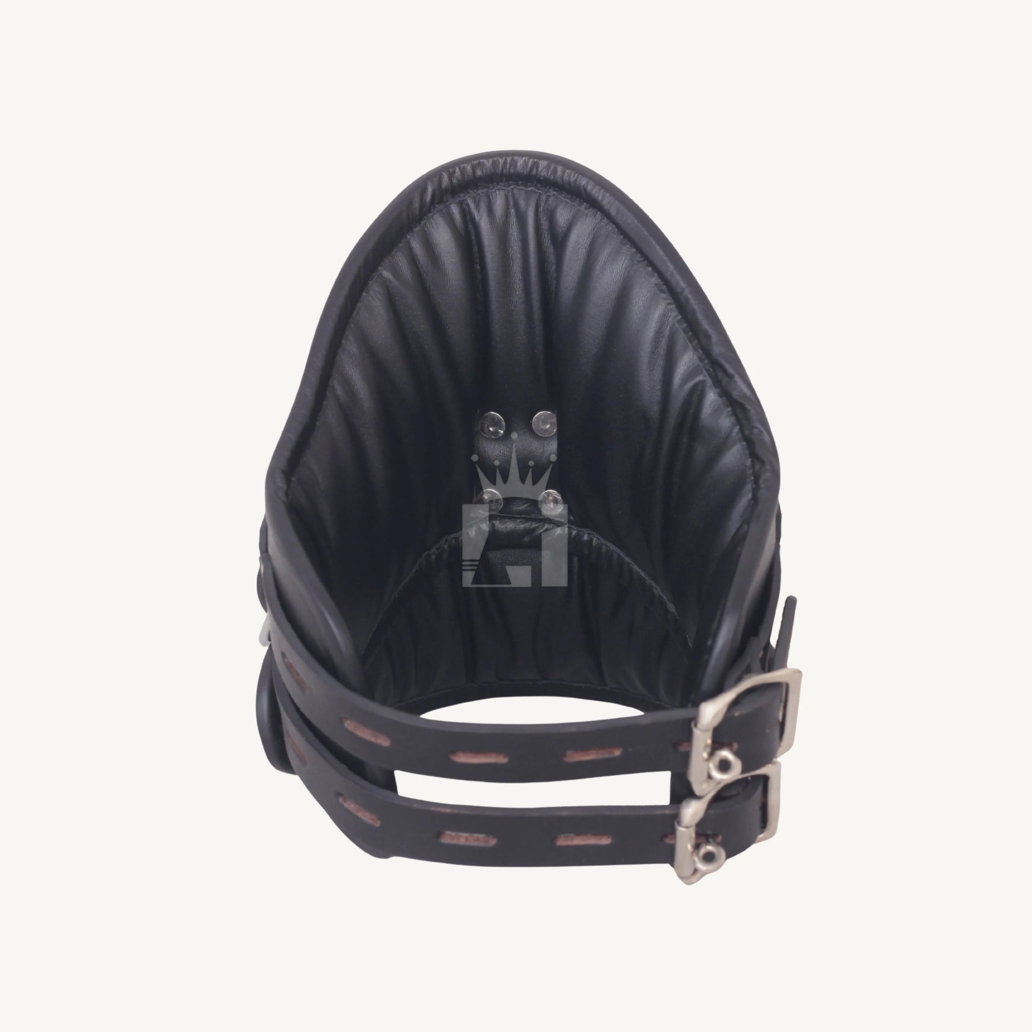 Interior view of padded black leather bondage neck collar with double strap buckle closure.