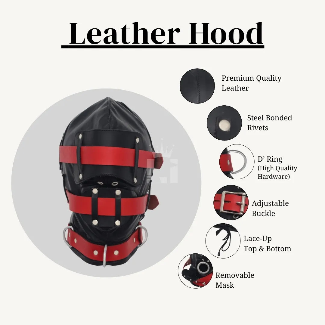 Black and red bondage hood shown with labeled features including premium leather, rivets, D-rings, buckles, lace-up closure, and removable mask.