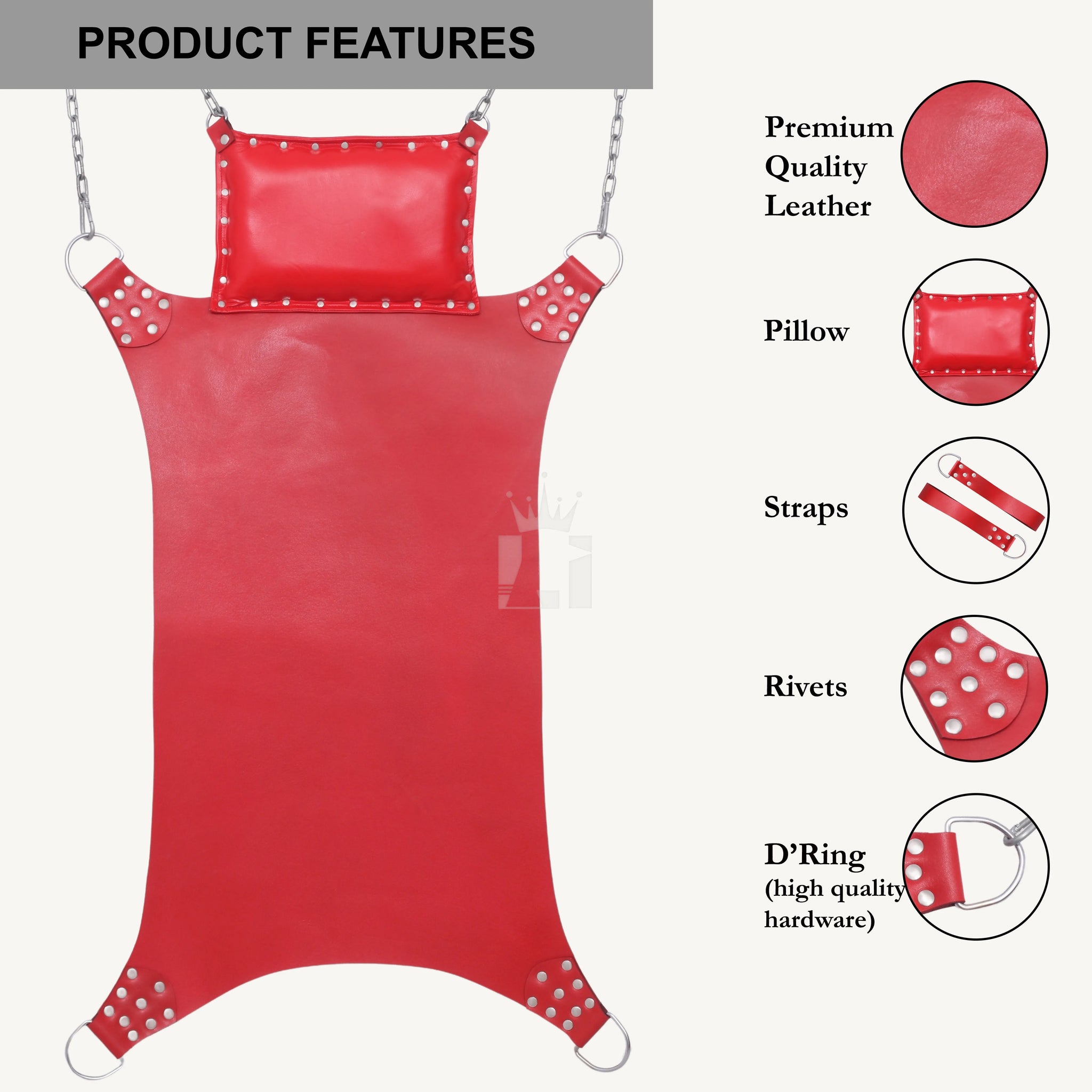 Product infographic highlighting premium red leather sling with pillow, rivets, straps, and D-rings.