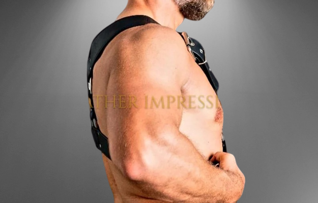 Model wear a Chest Leather Harness - Side view image