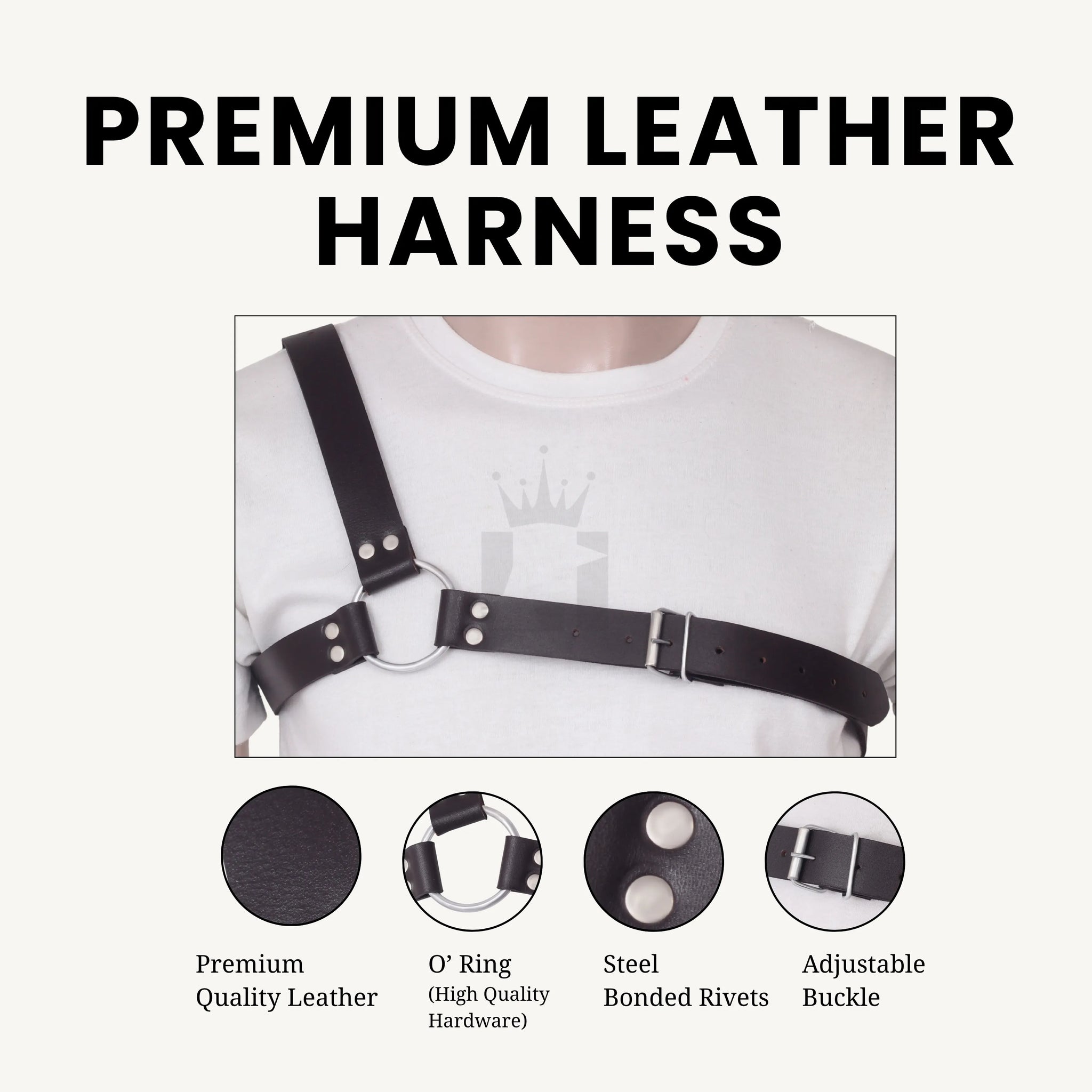 Infographic of leather Chest harness highlighting leather quality, O-ring, rivets, and buckle.