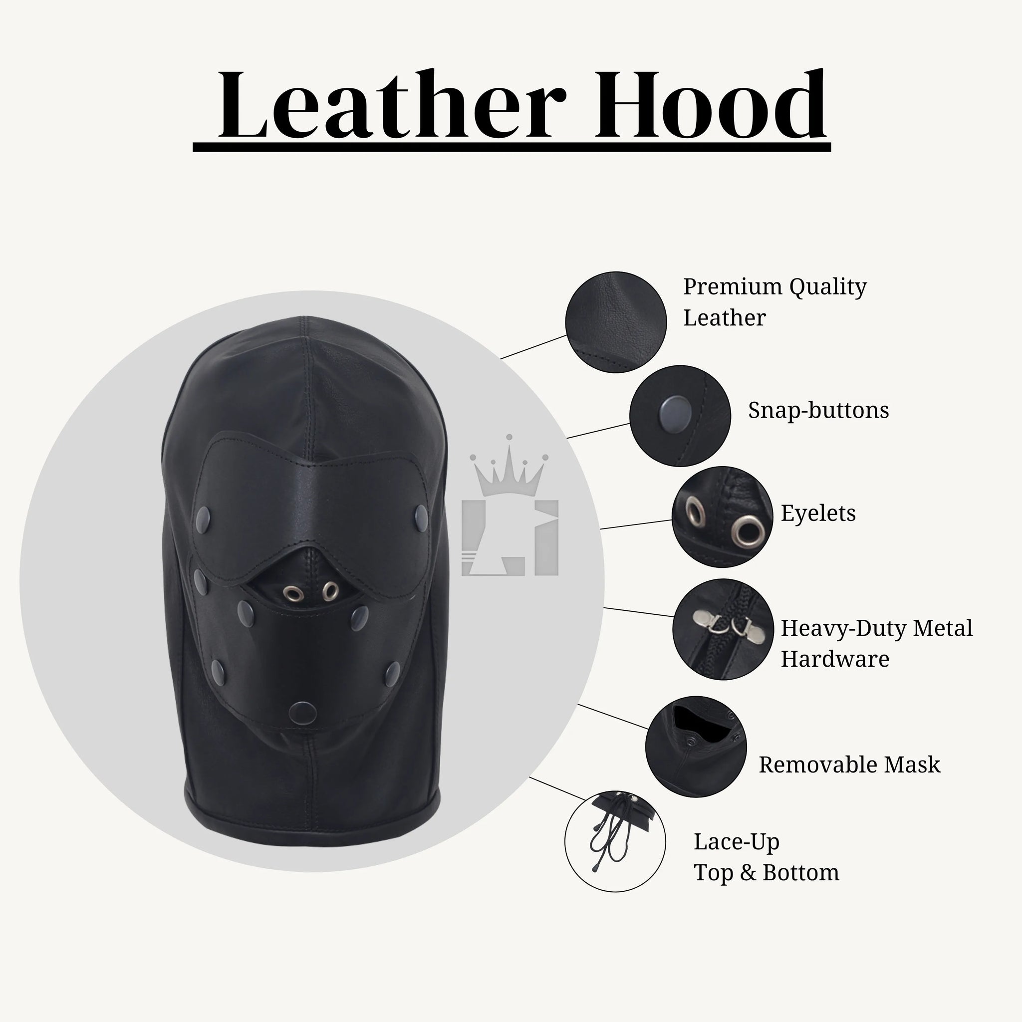 Black leather hood displayed with labeled features including premium leather, snap-buttons, eyelets, metal hardware, removable mask, and lace-up closure.