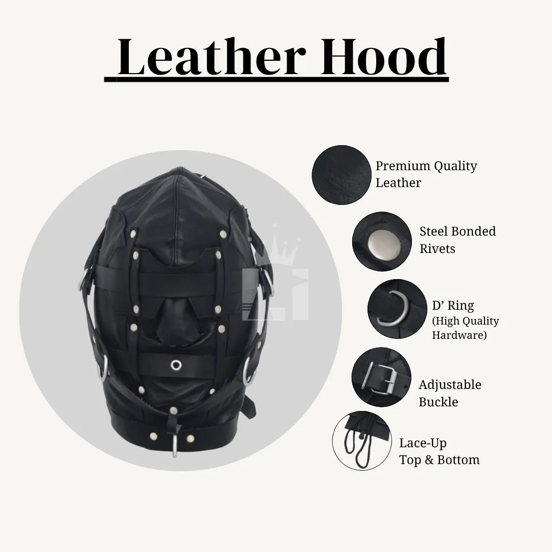 Black leather bondage hood shown with feature highlights including premium leather, rivets, D-rings, adjustable buckles, and lace-up design.