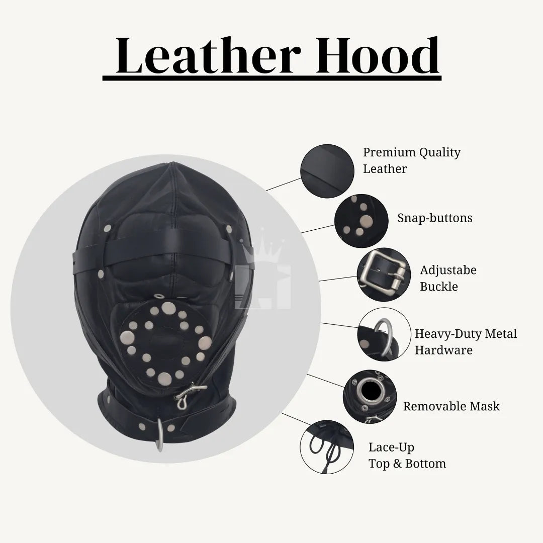Black leather bondage hood displayed with labeled features: premium leather, snap-buttons, buckles, metal hardware, removable mask, and lace-up closure.