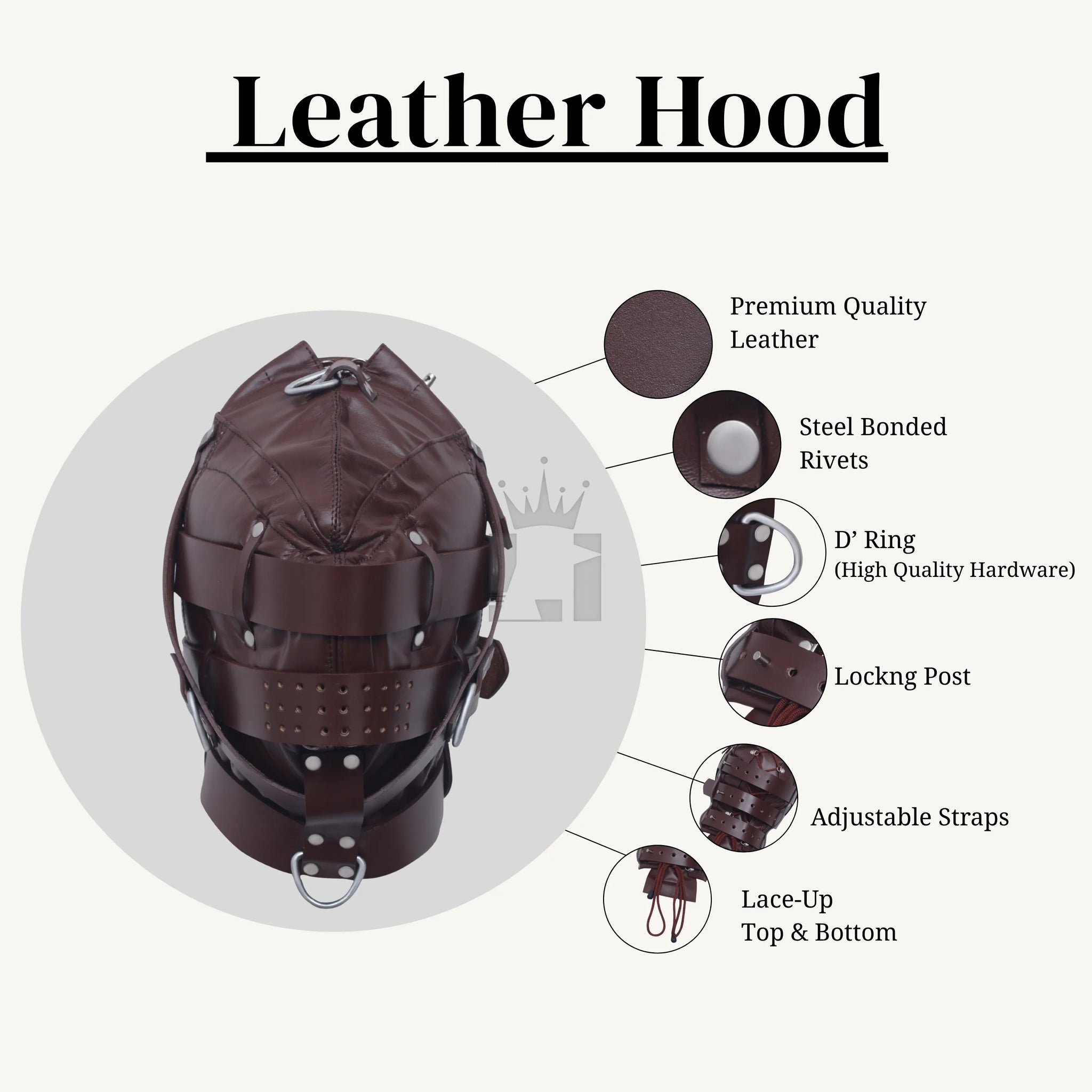 Brown leather bondage hood with labeled features including premium leather, rivets, D-rings, locking post, adjustable straps, and lace-up design.