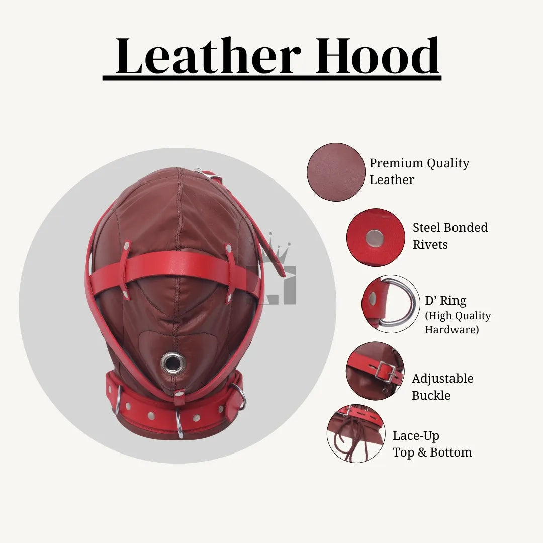 Leather hood with graphic showing features like premium leather, rivets, D-rings, adjustable buckles, and lace-up design.