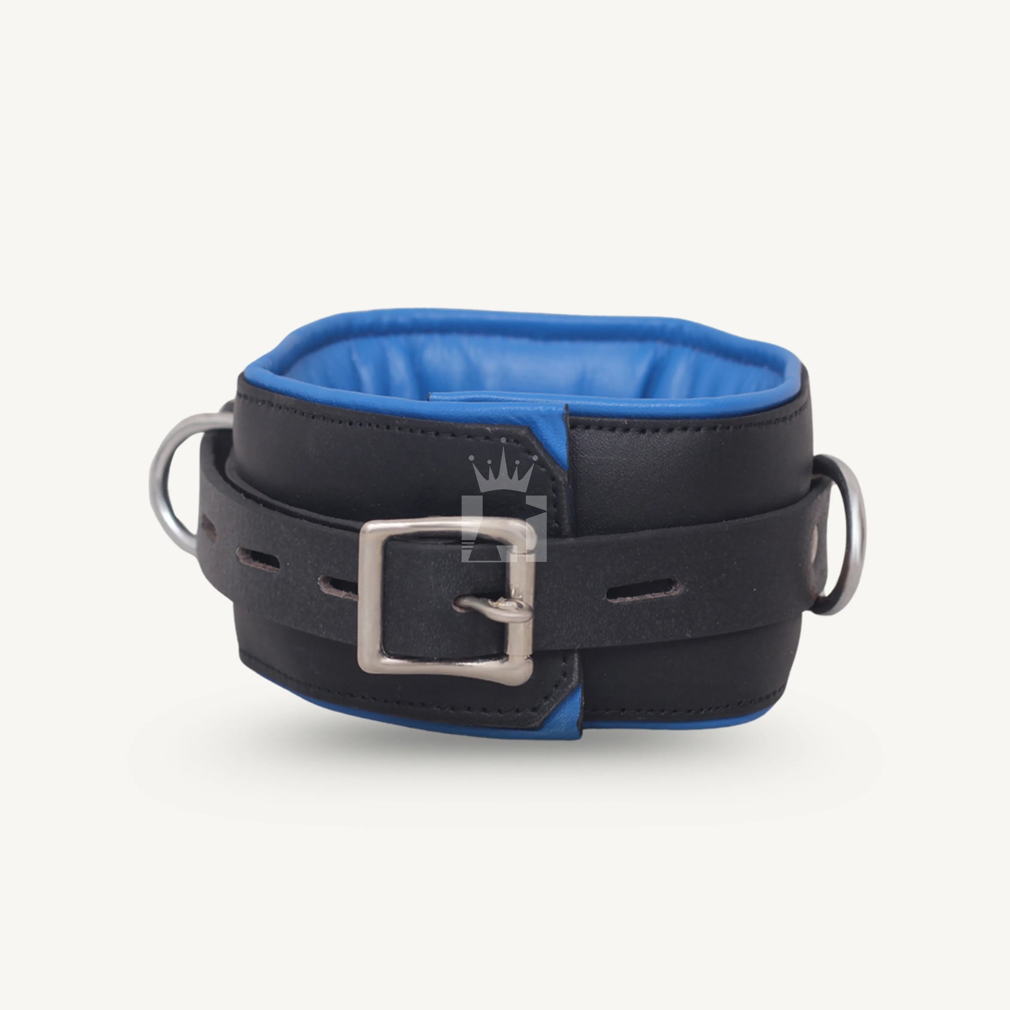 Black leather neck collar with soft blue inner lining, silver buckle closure, and double D-rings for bondage restraint.
