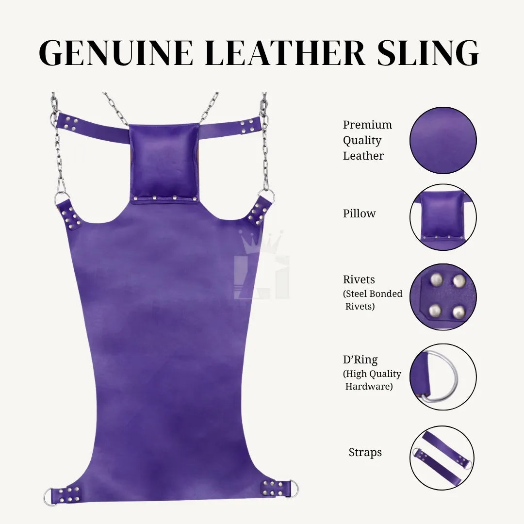 Infographic of the purple leather sling highlighting premium leather, pillow, bonded rivets, high-quality D-rings, and straps.