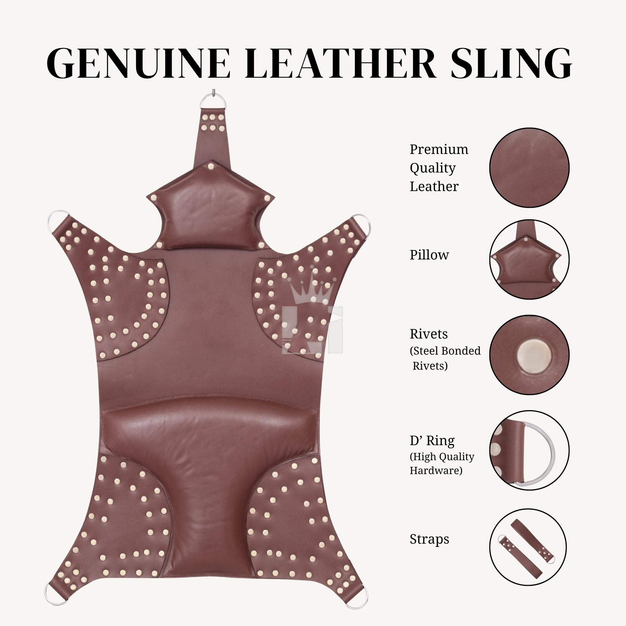 Infographic showing brown leather sex sling features: premium leather, padded pillow, steel rivets, D-rings, and straps.