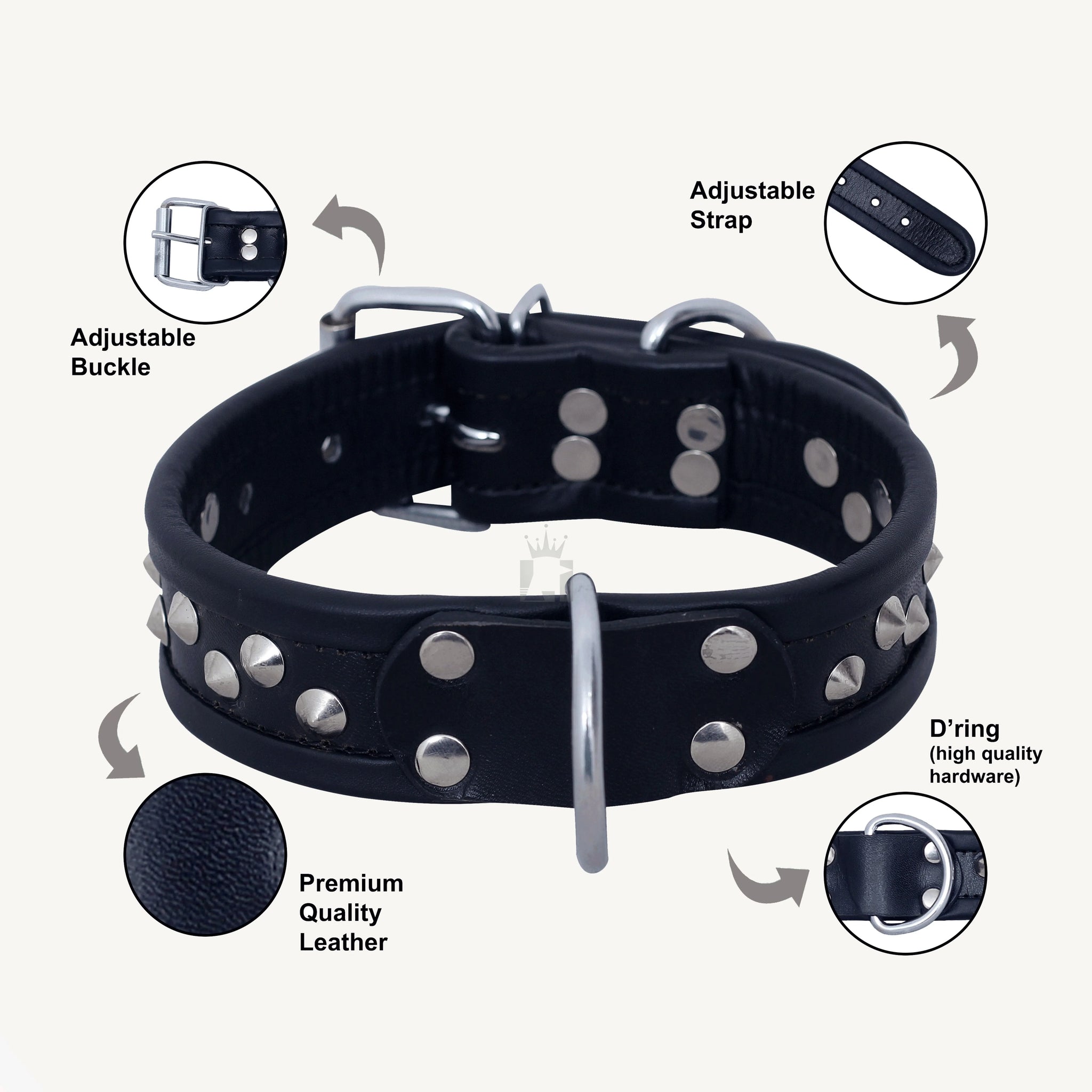 Back-side angle view of Genuine Leather Bondage Slave Collar with Cone Studs with d'ring, Nickel-plated with showing features in infographic style on a white background