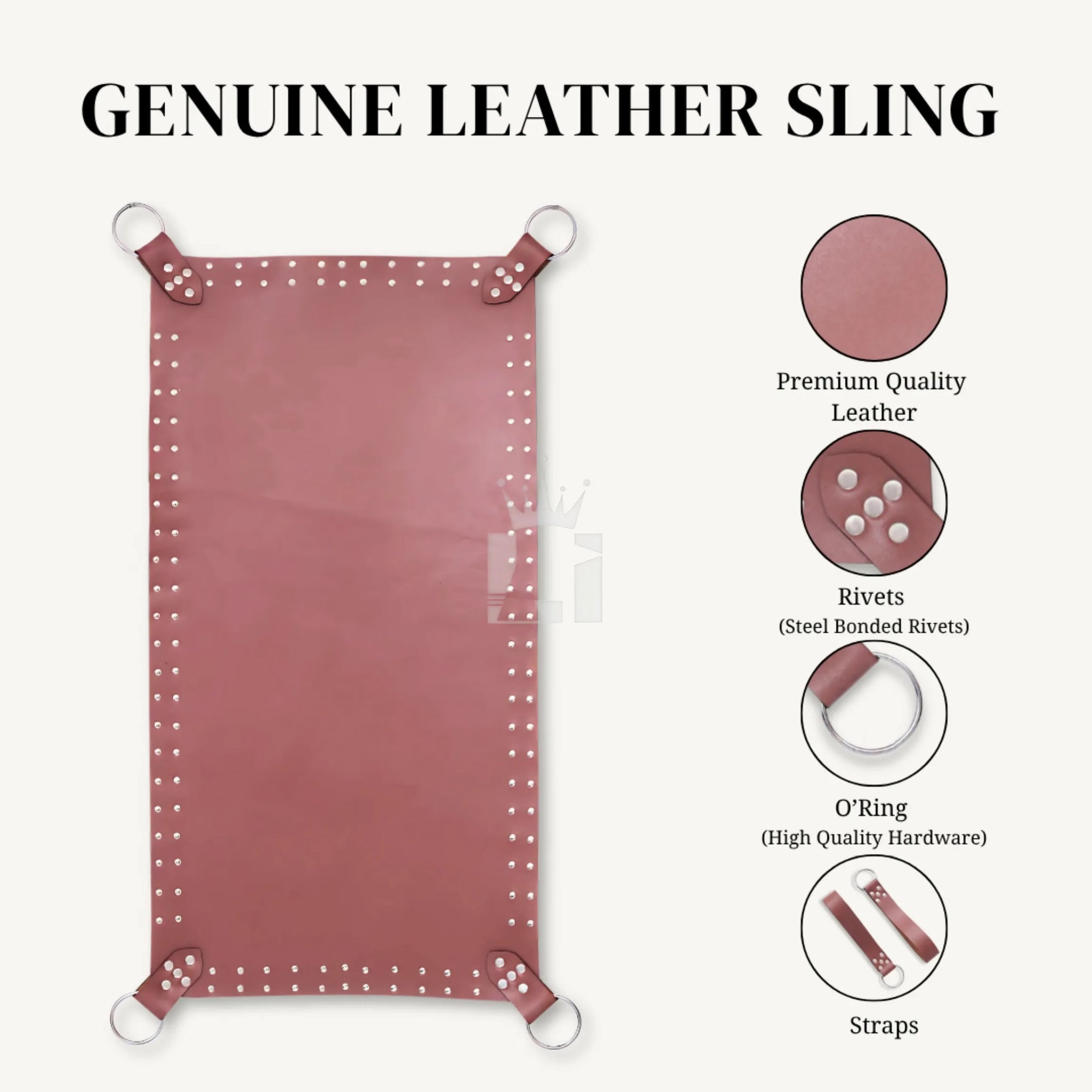 Infographic showing features of brown leather sex sling: premium leather, steel rivets, O-rings, and detachable straps.
