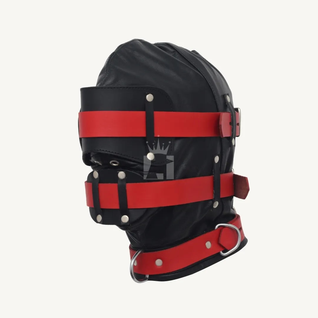 Left side angle of black leather bondage hood with adjustable red straps and riveted hardware.
