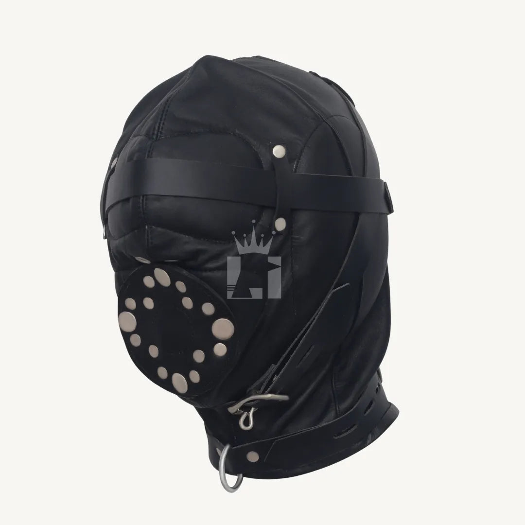 Left side view of black bondage hood with riveted circular mouth panel and leather strap across eyes.